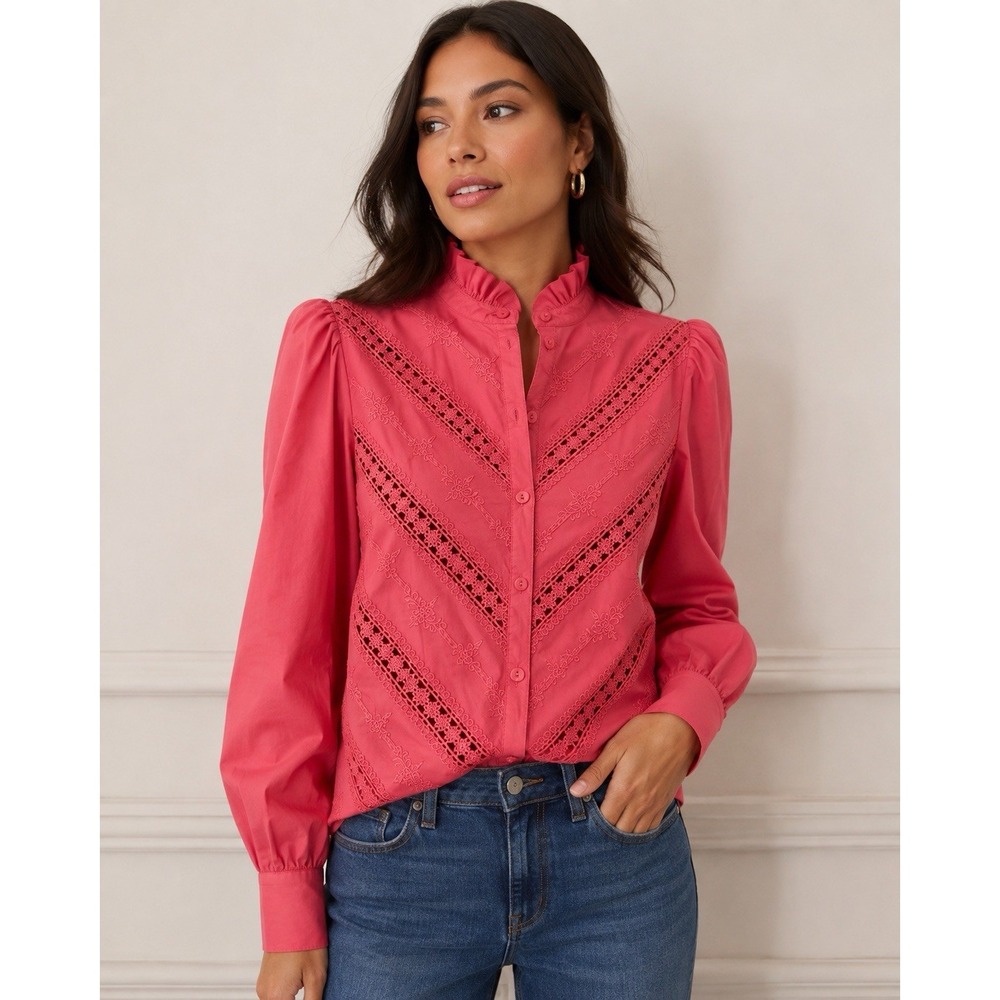 Magaschoni Pink Blush Cotton Embroidered Lace Ruffle Blouse Puff Sleeve Small